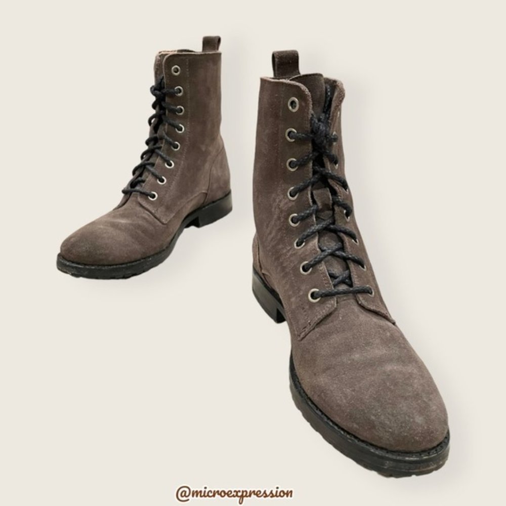 $389 Frye Veronica Combat Lace Up Grey Suede Soft Leather Comfy Moto Ankle Boot - Picture 1 of 16